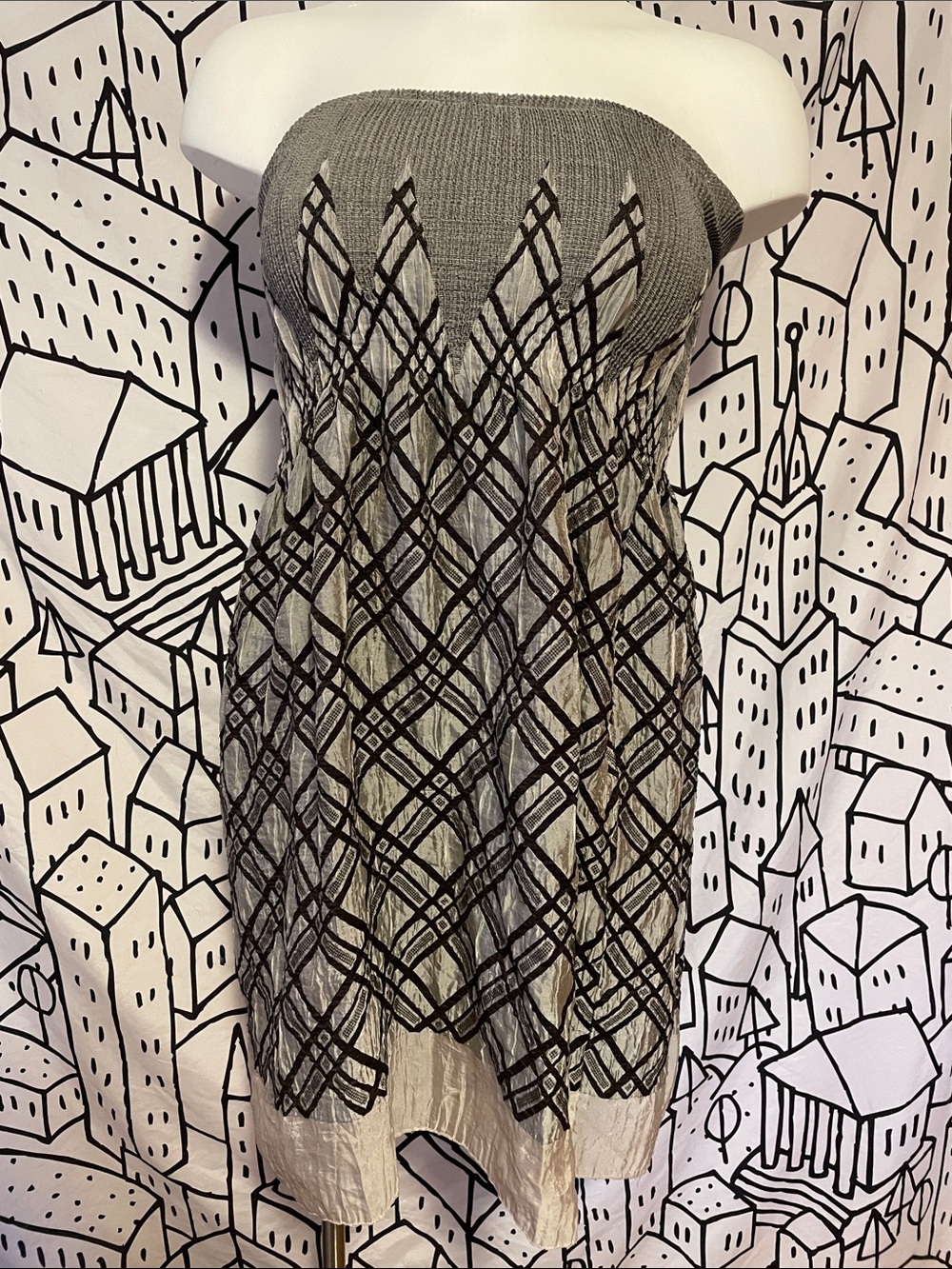 Lapis Strapless Gray and Black Patterned Dress or Skirt smocking adapts to both